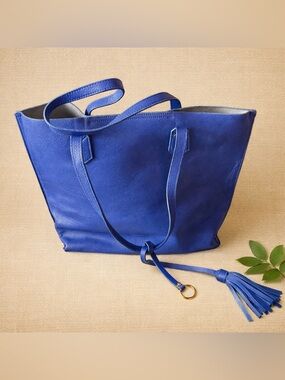 Blue Structured Tote Bag – Tassel Accent | Work & Travel Tote